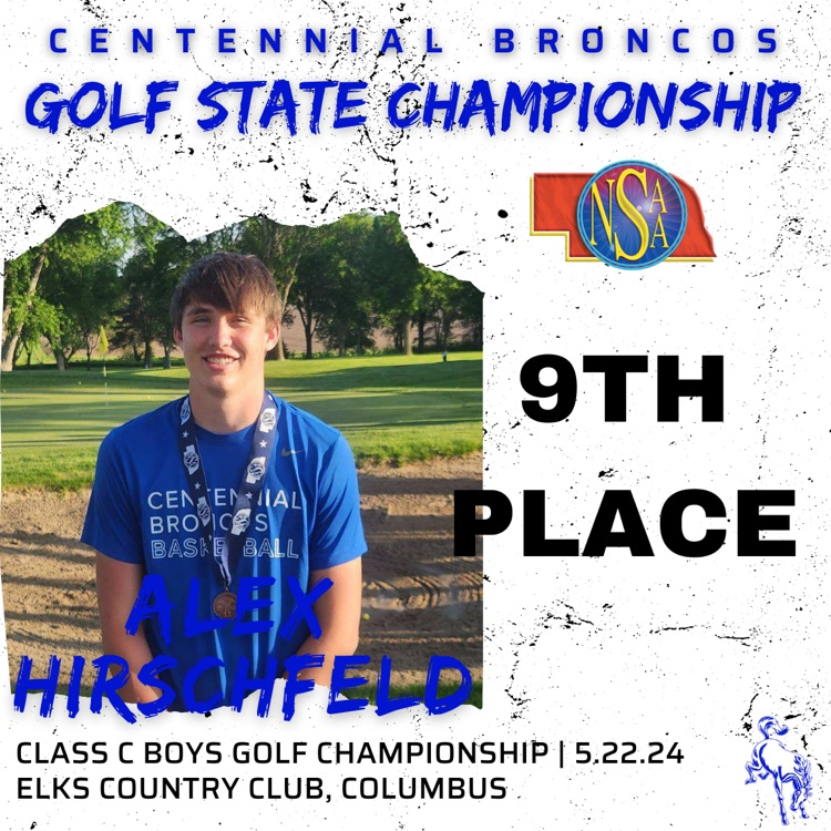 Huge shoutout to our Bronco Golf Athletes that competed at the State Meet today! Alex Hirschfeld brought home 9th Place! Congrats! Bronco Nation is proud of you!