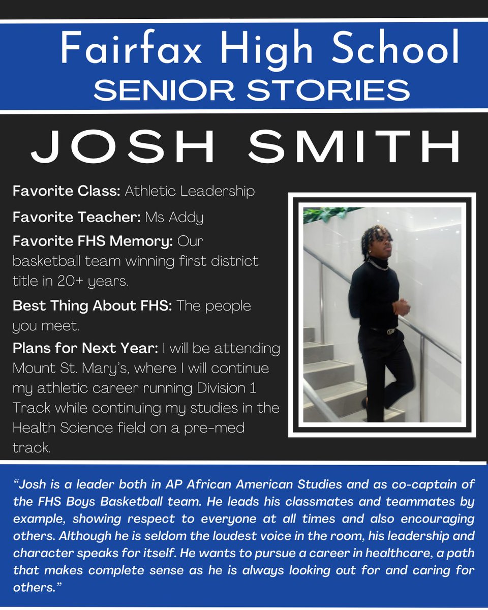 Today’s senior is Josh Smith! Josh is part of the District Champion <a href="/FFXLionsBBall/">Fairfax Lions Boys Basketball</a> team and the track team. Next year Josh will attend Mt. Saint Mary’s study Health Science/Pre-Med and run track. Congrats Josh! To see all our seniors, check out our website bit.ly/fairfaxseniors