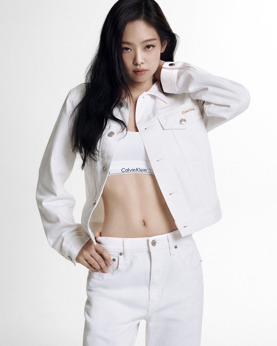 CalvinKlein's tweet image. the look for warmer days. JENNIE styles all white denim.