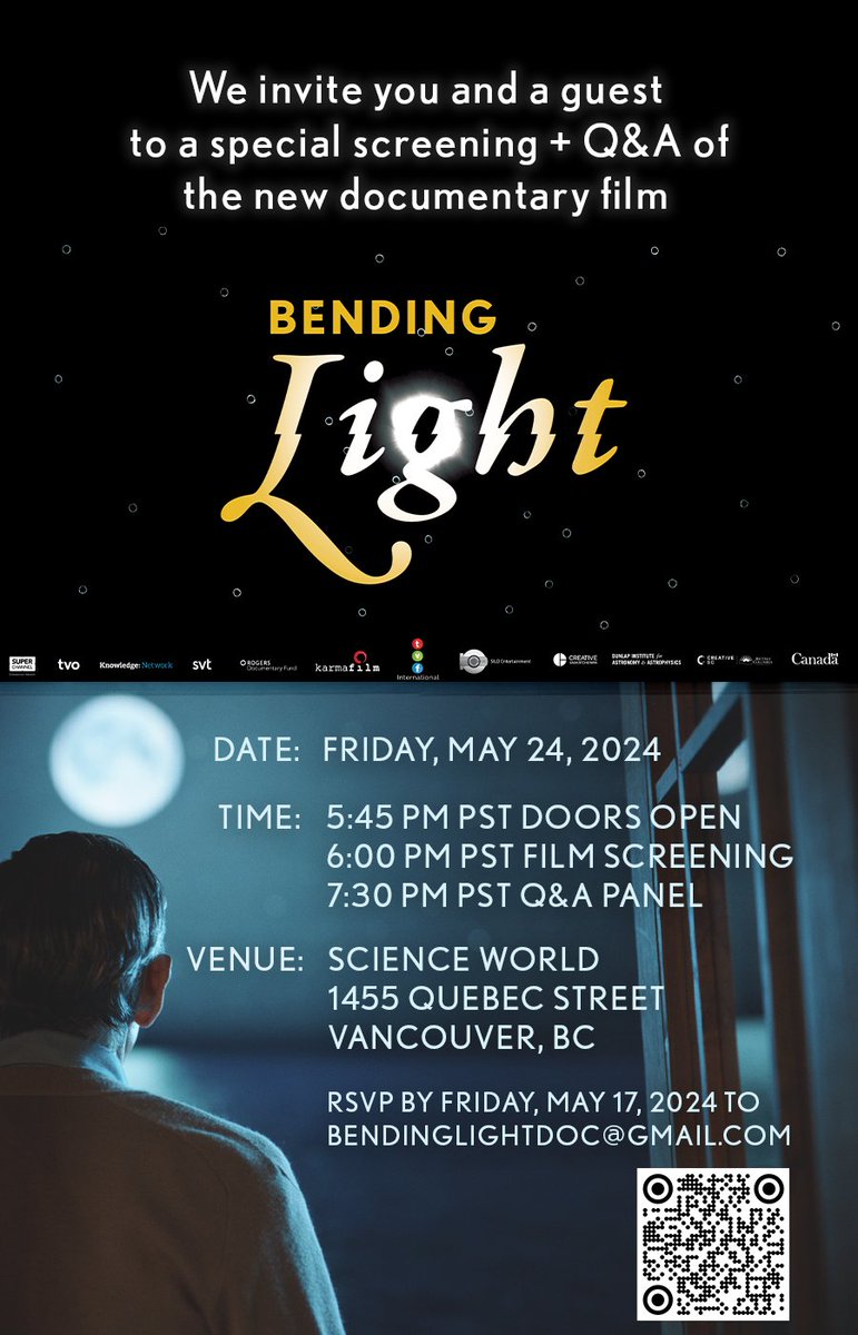 If you are in Van &amp; want to come to the screening of Bending Light. Please RSVP to the email in the invite. Science Journalist and the presenter of the doc will be there along with UBC Professor Jess McIver who co-leads the international LIGO Detector Characterization team!