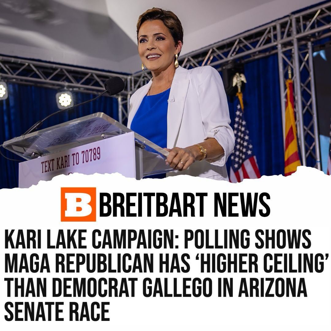 We like our chances 💪 “Kari Lake Campaign: Polling Shows MAGA Republican Has ‘Higher Ceiling’ Than Democrat Gallego in Arizona Senate Race.” breitbart.com/2024-election/… via @BreitbartNews