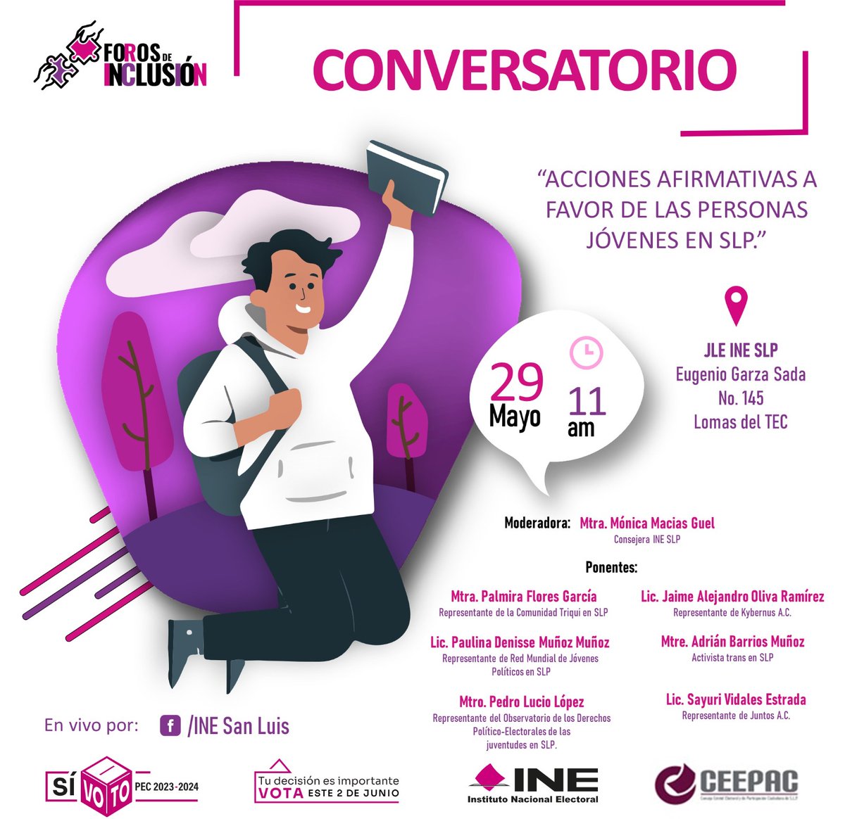 Reflexionaremos bajo una perspectiva de juventudes e intersectorialidad sobre los logros y retos de las acciones afirmativas a favor de las juventudes en SLP.  👇
⏰ 29 de mayo 
📆 11:00 
📍 JLE INE SLP 
💻 FB Live/ INE SLP