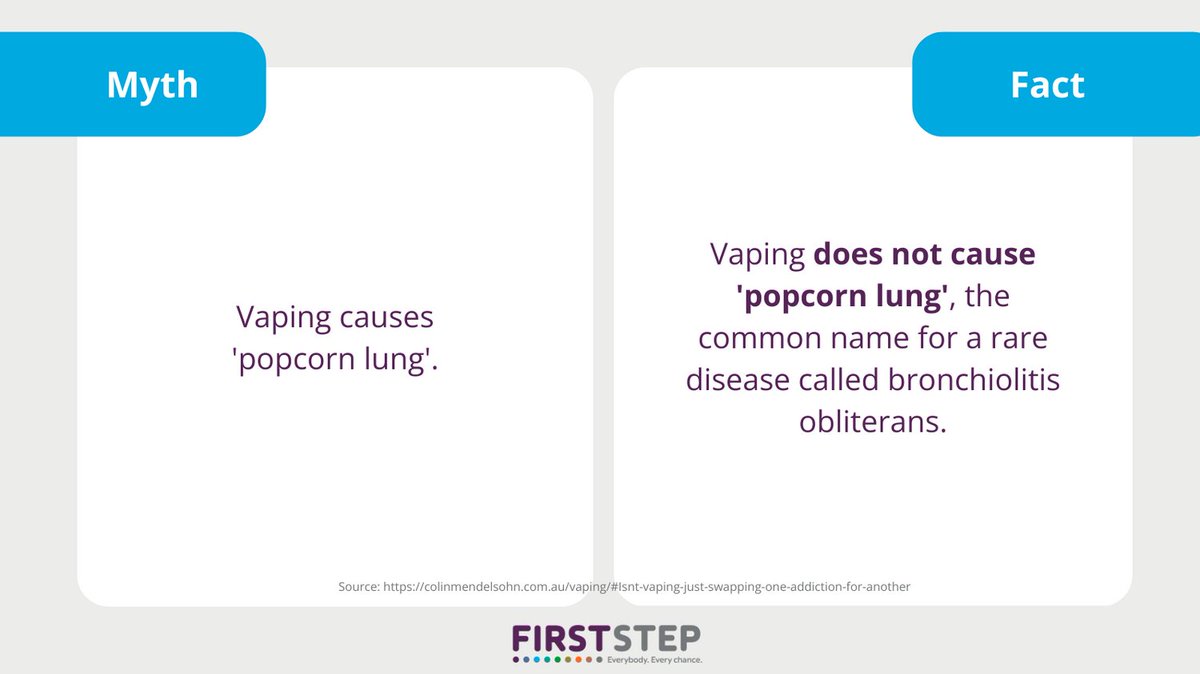 There has never been a case of bronchiolitis obliterans due to smoking or vaping. Diacetyl, the chemical linked to 'popcorn lung' is banned in Australia in e-liquids. #HarmReduction #Vaping @ColinMendelsohn