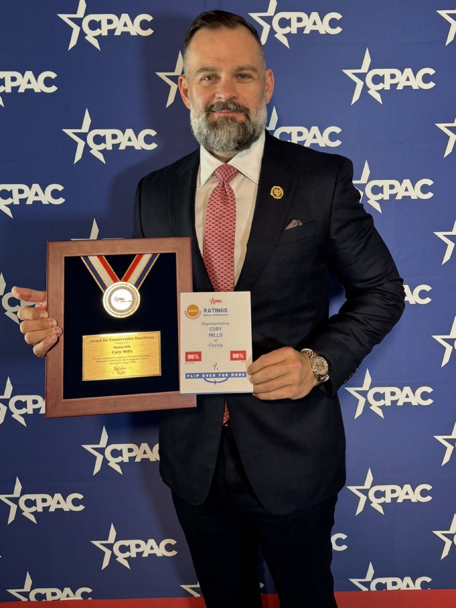 BREAKING: Rep. Cory Mills has officially received the Award for Conservative Excellence. Cory Mills received a 96% rating for his votes to uphold “America’s foundational principles and our U.S. Constitution.”