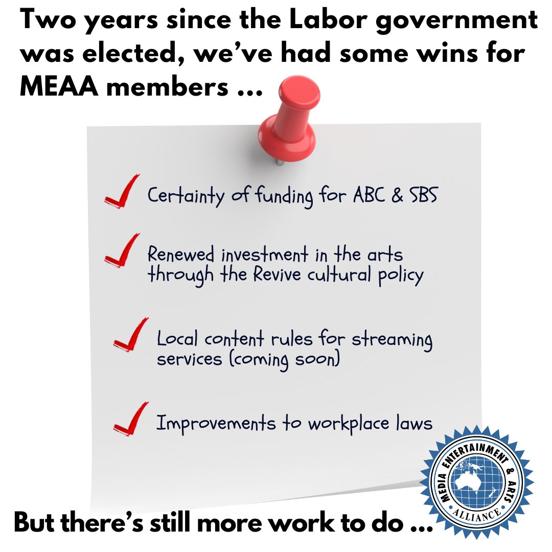 It's exactly two years to the day since Anthony Albanese was sworn in as Prime Minister and we are pleased to see that under his government there have been some significant gains for workers in the media, entertainment and arts sectors. But there's still much more work to do.