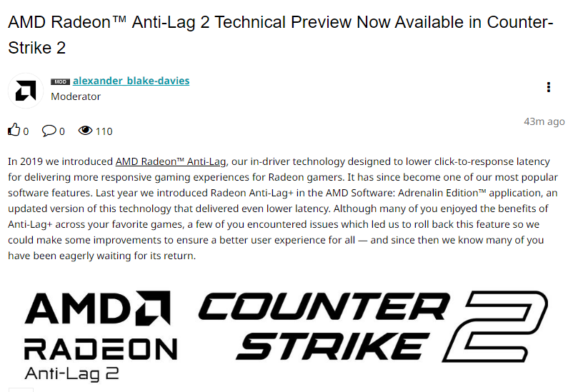 Official Blog from @AMDGaming on implementation of Anti-Lag 2 in Counter-Strike 2.