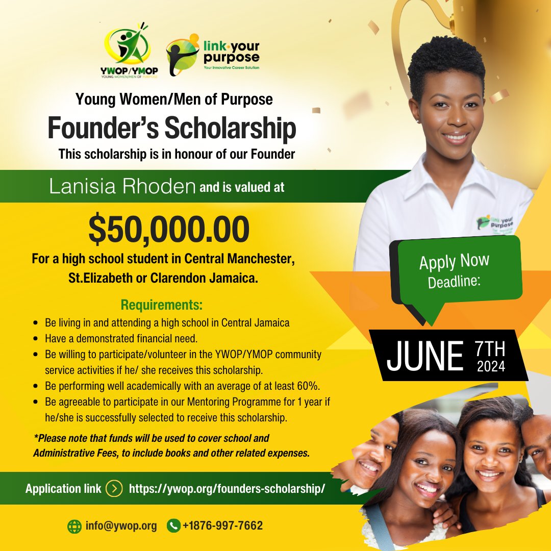 YWOPYMOP's tweet photo. Exciting news! The Founders Scholarship is now open for students living in the parishes of St. Elizabeth, Clarendon, and Manchester. Don't miss this opportunity to receive support for your educational journey. Apply now and take a step closer to achieving your dreams! https://t.co/YcNJM26VN0