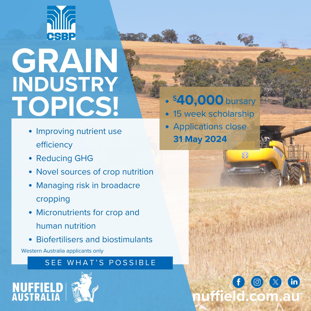 Nuffield Australia (@nuffieldaust) on Twitter photo ARE YOU directly involved in the grains industry in WA, if so apply for a 2025 Nuffield Scholarship, generously supported by <a href="/CSBPfertilisers/">CSBP Fertilisers</a>
Apply Today: nuffield.com.au/how-to-apply
#nuffieldag #aussiefarmers #graingrowers #grain #growers #fertiliser ARE YOU directly involved in the grains industry in WA, if so apply for a 2025 Nuffield Scholarship, generously supported by <a href="/CSBPfertilisers/">CSBP Fertilisers</a>
Apply Today: nuffield.com.au/how-to-apply
#nuffieldag #aussiefarmers #graingrowers #grain #growers #fertiliser