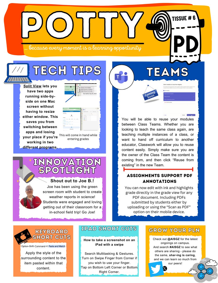 CurtisHegge's tweet photo. The 6th Potty PD is out! and the teaser for the final PottyPD is digesting! The staff have enjoyed the year of informal fun PD sessions. Thanks to @Kellihoward1010 for a fun way to share to staff! @edTechEvans @j_smigel @AISGZ #pottyPD https://t.co/1FE8FGUmNo