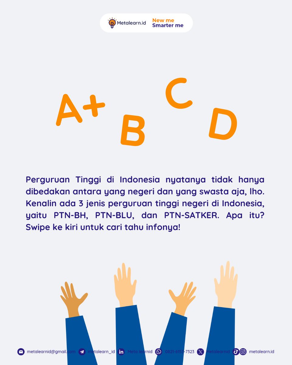 Metalearnid's tweet photo. Halo, Sobat Meta!👋🏻

Sudah tahu belum kalau PTN di Indonesia ada 3 jenisnya? Ternyata dari sekian ribu PTN di negara ini, terbagi atas 3 jenis. Yuk, simak postingannya!🤩

#infoptn #ptn #ptnindonesia #masukptn #pejuanptn #metalearn #ptnbh #maba #studytwt #ptnblu #ptnsatker #univ https://t.co/HysQYcdWt1