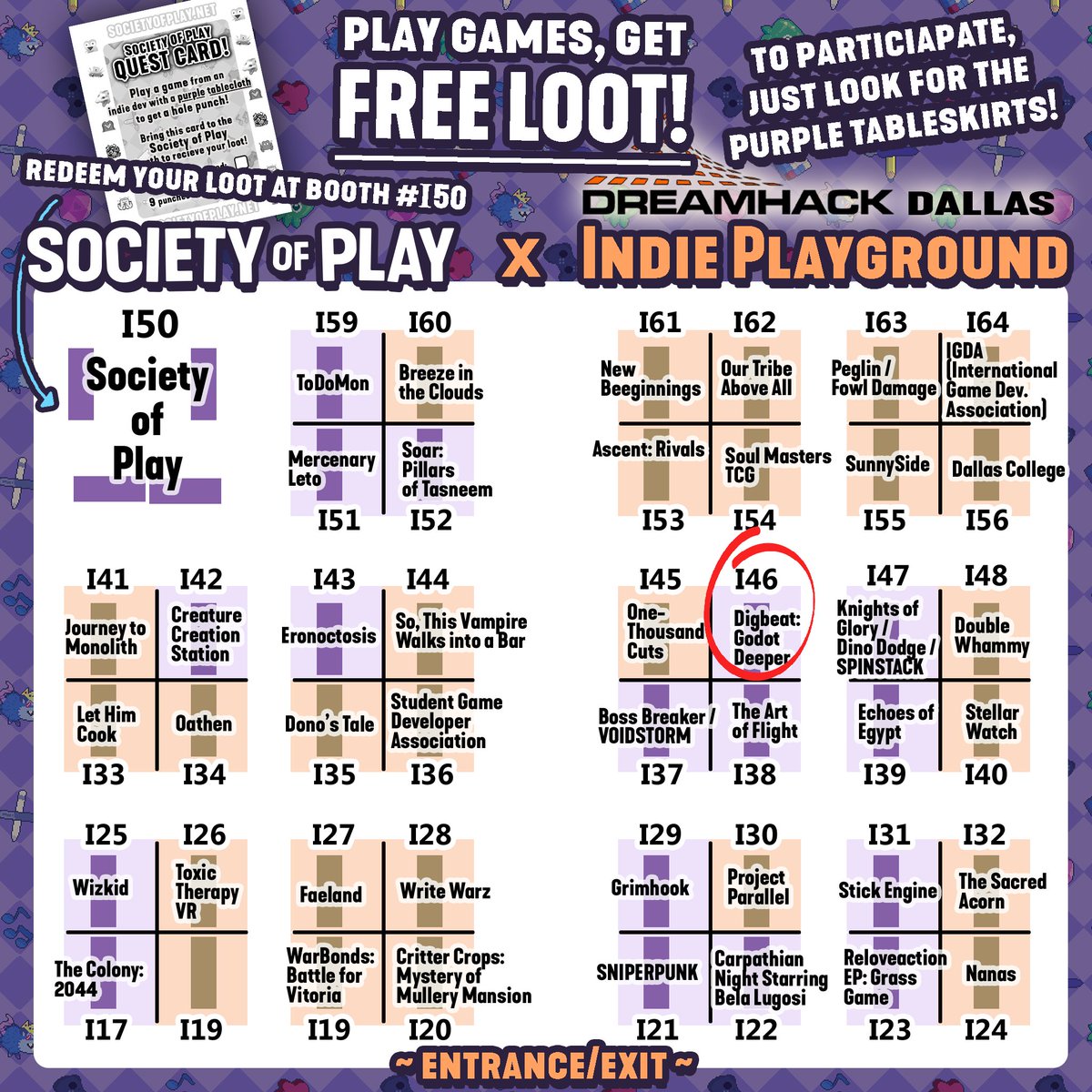 Jertlemiah's tweet photo. Here's @SocietyOfPlay's map for all the booths going to #DHDallas! Come check out booth I46 to see what Digbeat is up to, and if you play at least 9 Society of Play games then you'll get some free things! https://t.co/IAPULijTLK