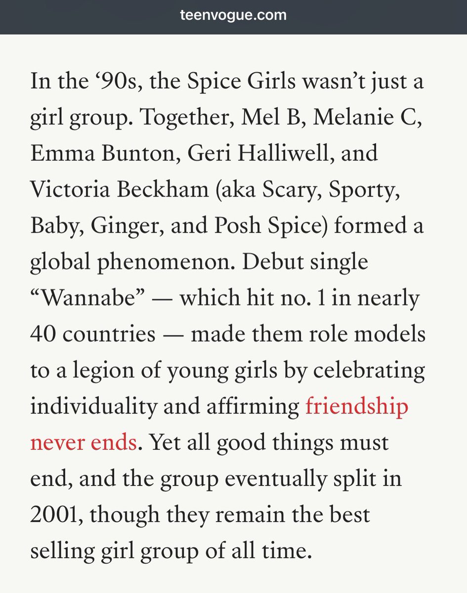 “The @spicegirls wasn’t just a girl group. Together, @OfficialMelB, @MelanieCmusic, @EmmaBunton, @GeriHalliwell, and @victoriabeckham formed a GLOBAL PHENOMENON.” @TeenVogue 

Indeed! The Spice Girls are living legends! Thank you for giving us everything!

teenvogue.com/story/best-gir…