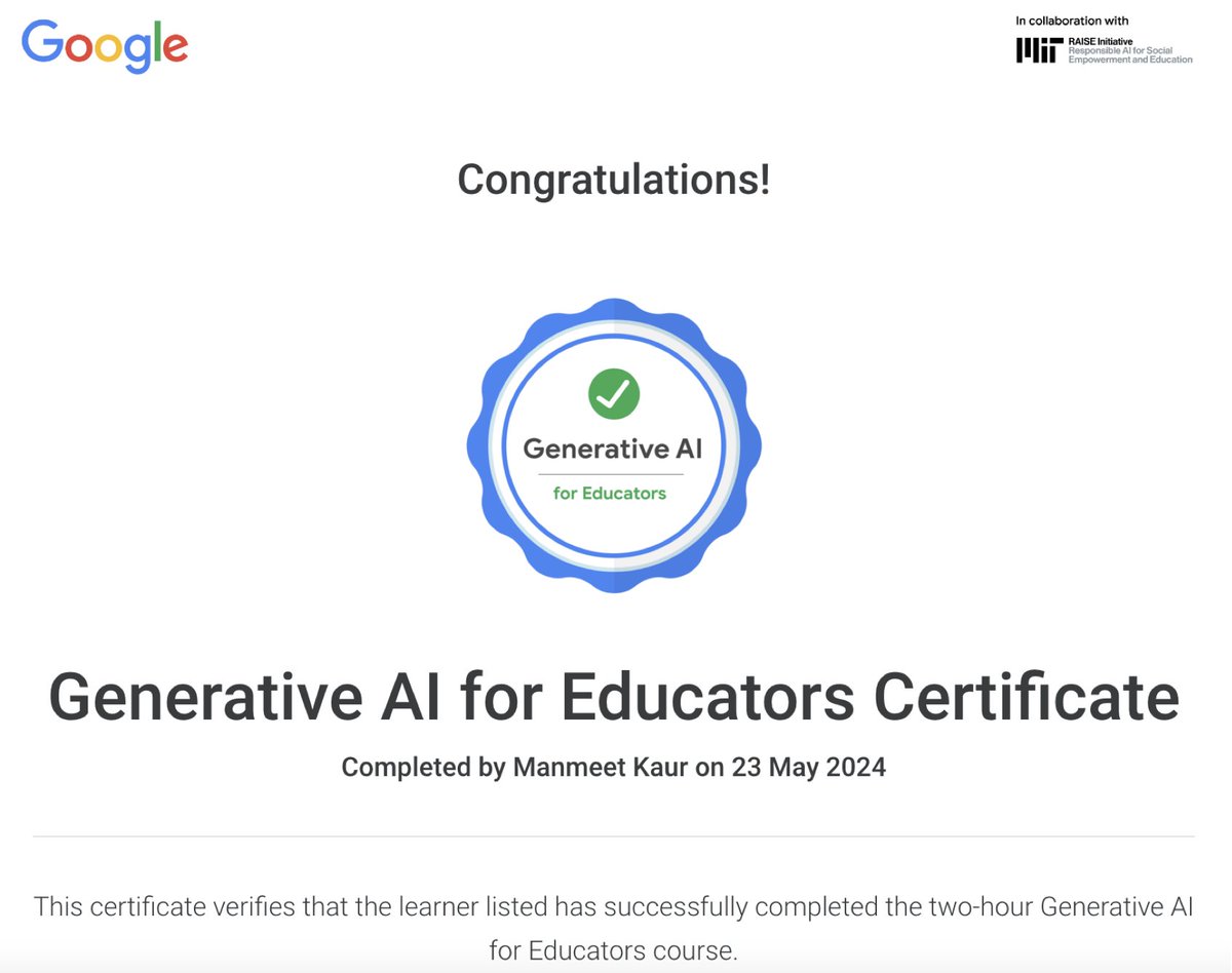 I’m happy to share that I’ve obtained a new certification: Generative AI for Educators Certificate from Google!
