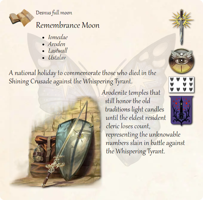 GolarionToday's tweet photo. 🌕 Desnus full moon: Remembrance Moon
#Iomedae #Lastwall #Ustalav #ShiningCrusade #TarBaphon #Aroden
https://t.co/EZS1OeM3Oi
A national holiday to commemorate those who died in the Shining Crusade against the Whispering Tyrant.
Arodenite temples that still honor the old traditi… https://t.co/WRVHrKCNAt