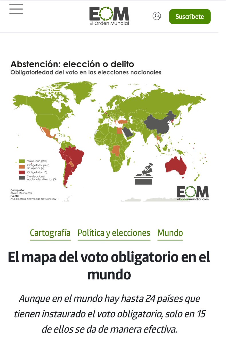 Mapa global del voto obligatorio. 

Ni en Rusia el voto es legalmente obligatorio. 

Increíble que existan voces en RD afirmando que deberíamos aplicarlo en RD. 👇