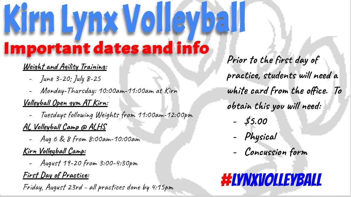 KirnAthletics's tweet photo. Attention Kirn Lynx Volleyball families! 

Below is the information that was shared with incoming 7th and 8th grade students planning to play volleyball for Kirn in the fall. 

#GoLynx! 
#theLYNXway https://t.co/g2Tdjh8YdC