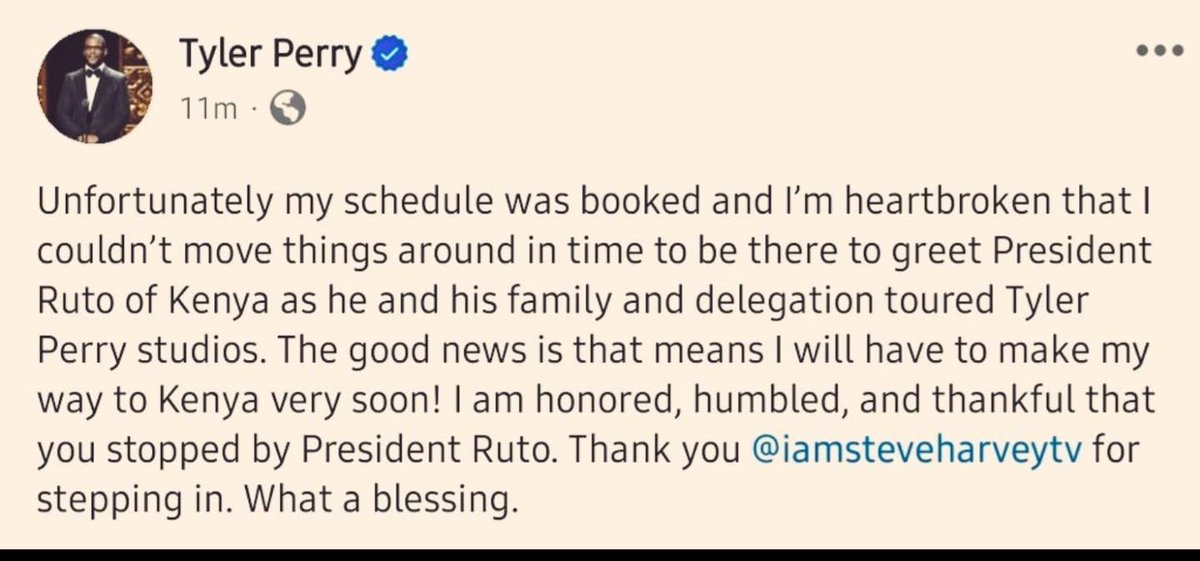 The guy just sidestepped fake news such as 'Tyler Perry to build studio in Ruiru to employ 20,000 Kenyan actors'…

But I wish @tylerperry met @WilliamsRuto in the US and not Kenya. Please don’t come. 

That will mean the government will be at a standstill for no less than 5