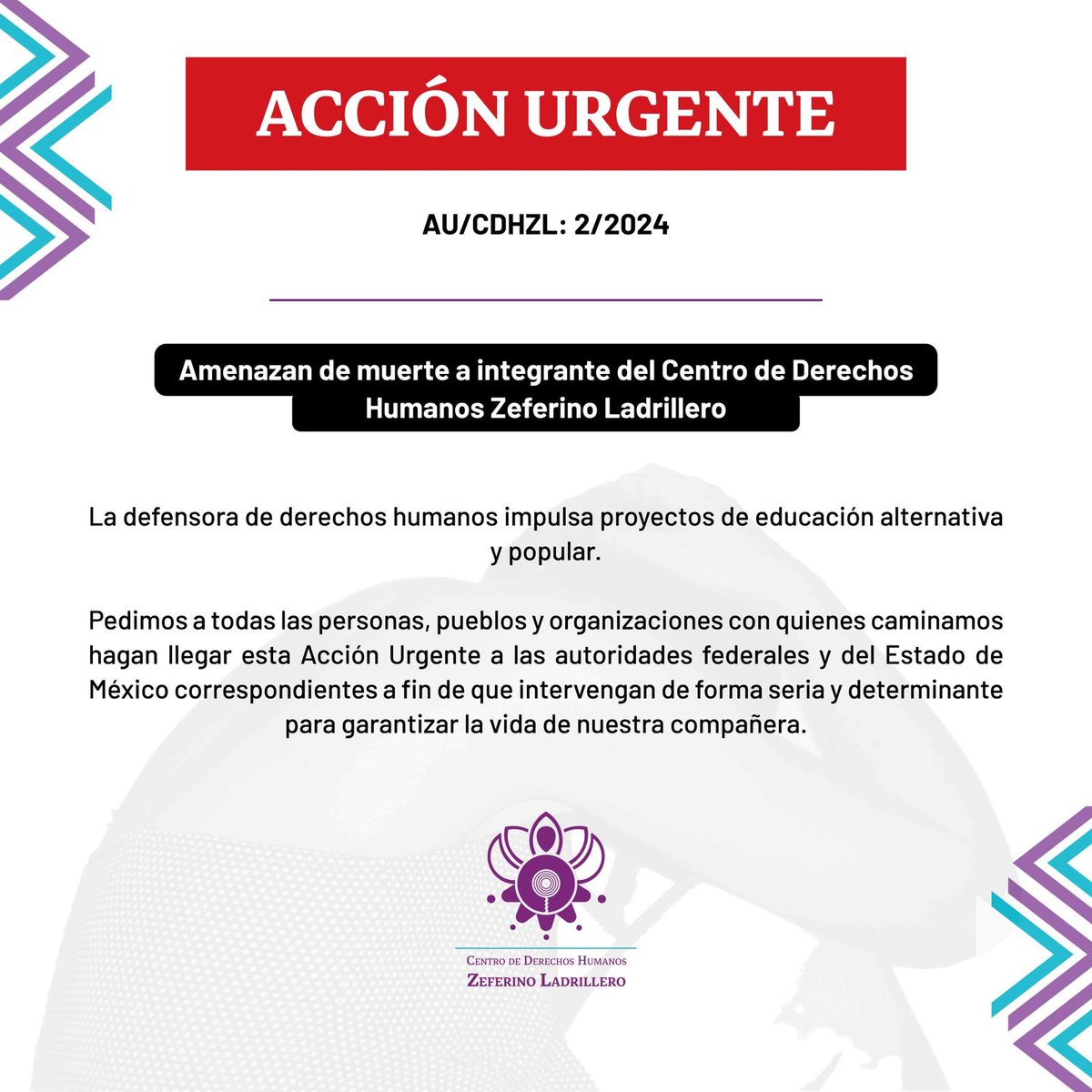 Aprox. a las 8:00 hrs de este 22 de mayo de 2024, una integrante del <a href="/cdhzloficial/">Centro de Derechos Humanos Zeferino Ladrillero AC</a> iba camino a sus labores de defensa y promoción de #DDHH, cuando fue amenazada de muerte con un arma de fuego.

Más Info en 👇🏾

facebook.com/share/p/Ngibbe…

<a href="/SGGEdomex/">Secretaría General de Gobierno</a> <a href="/FiscaliaEdomex/">Fiscalía Edoméx</a> <a href="/CODHEM/">Comisión de Derechos Humanos del Estado de México</a>