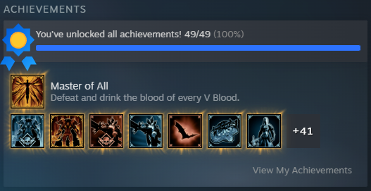 LordKnabble's tweet photo. Brutal Dracula has been slain and that means 100% achievements in @VRisingGame Working on the video now to hopefully have up Friday. Glad I picked it up when the 1.0 dropped. https://t.co/4Nxr4kbwUg