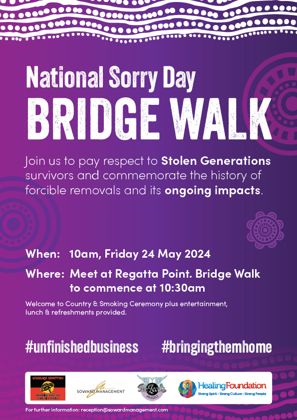 National Sorry Day Bridge Walk: Pay respect to Stolen Generations survivors and commemorate the history of forcible removals and its ongoing impacts. #unfinishedbusiness #bringingthemhome @nimmityjah @HealingOurWay