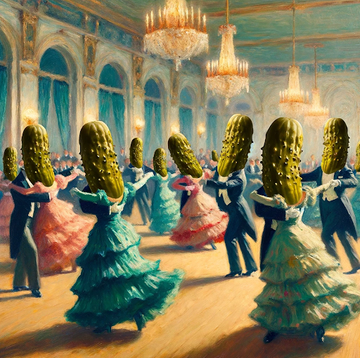 kimkomando's tweet image. When pickles take over the ballroom, it&apos;s officially a pickle ball! 🥒💃 #ElegantPickles #ArtHumor
