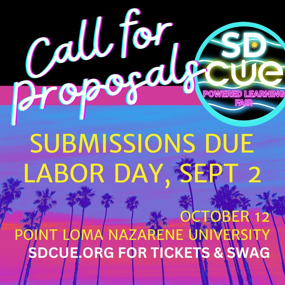 Call for Speakers Come share your best ideas with your favorite San Diego educators! This year's SDCUE Powered Learning Fair will be held on the gorgeous PLNU campus. Free registration for speakers! Apply by Labor Day, Sept 2 at bit.ly/sdcueplf2024 #CUEmmunity