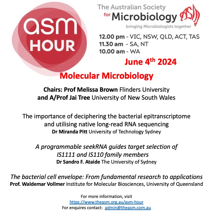 Please join us for our next ASM Hour, from our Molecular Microbiology Theme! Our session will be chaired by Prof Melissa Brown and A/Prof Jai Tree, and has some excellent talks lined up from Dr Miranda Pitt, Dr Sandro Ataide and Prof. Waldemar Vollmer.
theasm.org.au/asm-hour