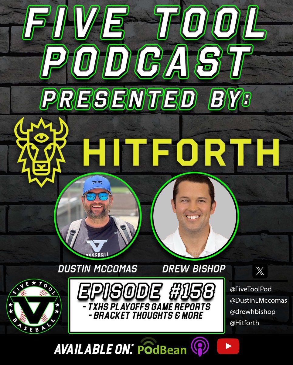 Episode 1️⃣5️⃣8️⃣ of the @FiveTool Podcast - presented by @Hitforth With: @DustinLMcComas & @drewhbishop Mentions: @EthanSchief27 @CamCaminiti + more! 🤔TXHS Baseball Playoff Game Reports, bracket thoughts, & more. 🔗fivetool.org/podcasts 🍎 podcasts.apple.com/us/podcast/the…