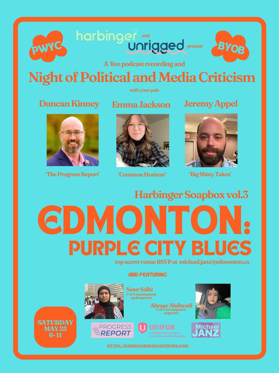 This Saturday May 25th at 7pm join @ProgressAlberta's @duncankinney, @bigshinytakes' @JeremyAppel1025 & @EmmaJackson57 in the 'City of Champions' for a night of political & media criticism you won't wanna miss! The event is PWYC + BYOB so DM to RSVP for location see you there 🔥