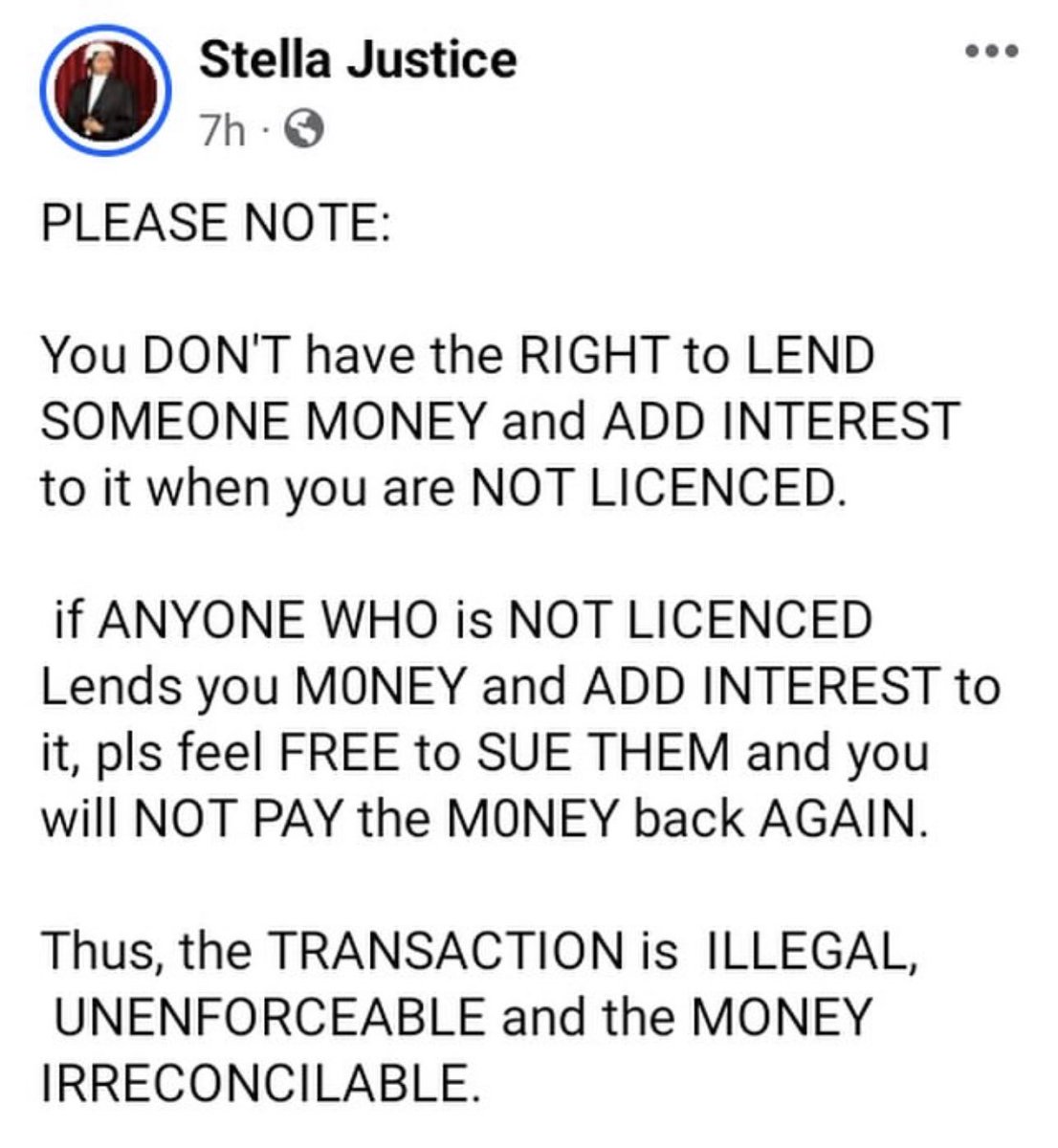 This is not entirely correct, with due respect. The lender can still recover the money lent to you. Only the interest is irrecoverable. Also, you do not have a cause of action to sue someone that lends you money simply because they added interest to it. At best it would be a