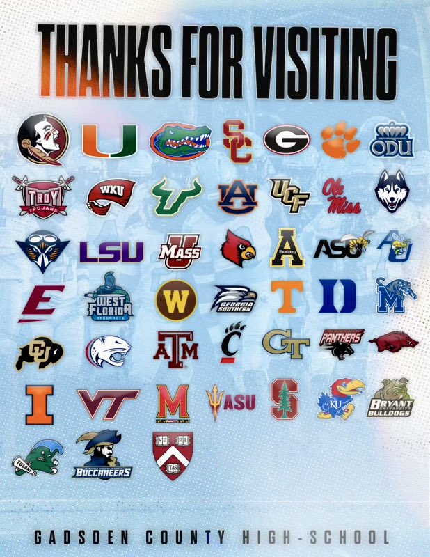 Gadsden County High School would like to thank each and every college that has stopped by to evaluate and offer our kids on “The Hill.” Our roster is loaded with talent in the ‘25, ‘26, and ‘27 classes. #RecruitGadsden🐆 @GadsdenFootball @RussellEllingt4 @CoachTravv850