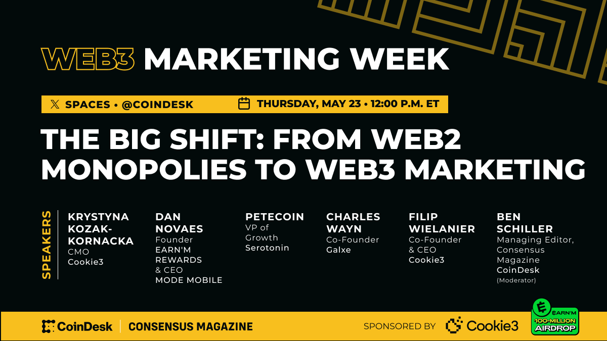 CoinDesk's tweet photo. How are marketers leaning into Web3 for audience engagement?

Join @fwielanier, @krysiakozak, Dan Novaes, PeteCoin, Charles Wayn and @btschiller on Thursday at 12 p.m. ET as part of #Web3MarketingWeek, presented by @cookie3 and @EARNMrewards: https://t.co/yjCKHDroOt https://t.co/XU2MaeqDfa