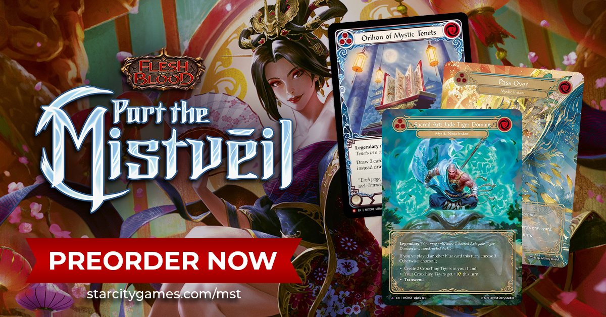 StarCityGames's tweet photo. Journey beyond the veil and unlock the mysteries of Misteria in Flesh and Blood's latest expansion: Part the Mistveil! 🧘‍♂️🌀

#fabtcg #fabmst

Preorder your singles today! ☟
https://t.co/4fhioevWMY https://t.co/eOB9908RL1