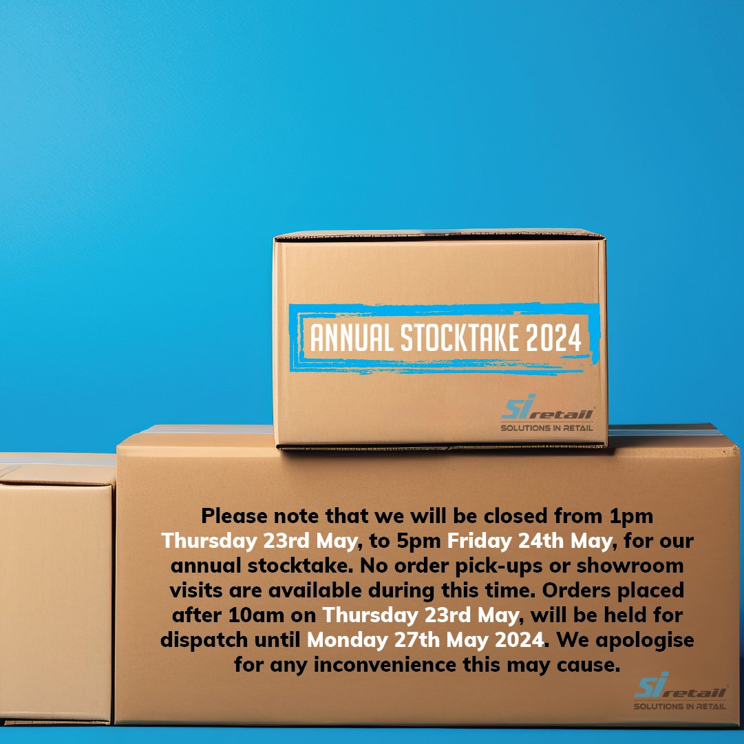 siretail's tweet photo. ⚠️Please note⚠️ that our warehouse and showroom will be closed from 1pm today and all of tomorrow for our annual stocktake. We appreciate your understanding during this time. https://t.co/cvavMq4xxF