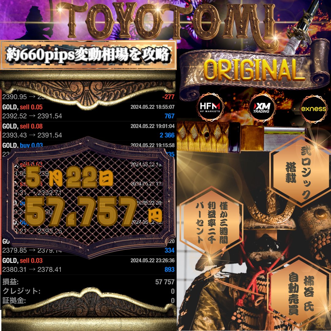 💰僅か3週間で利益率2000%を達成したEA 💰 💵25万⇒540万💵 FX自動売買 toyotomi_original 収支報告 5/22 損益 ＋57,757円 💵柿谷さんの無料EA配布中💵 オープンチャット「FX自動売買【toyotomi】」 x.gd/Us8Ht #自動売買 #ad