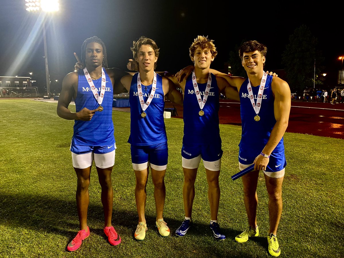 Your 2024 TSSAA DII-AA 4x100 Relay State Champions! (L-R) Keeyshawn Tabuteau, Enrique Jaimes Leclair, Andrew Smith, Parker Robison. #GoBigBlue @McCallieTrack