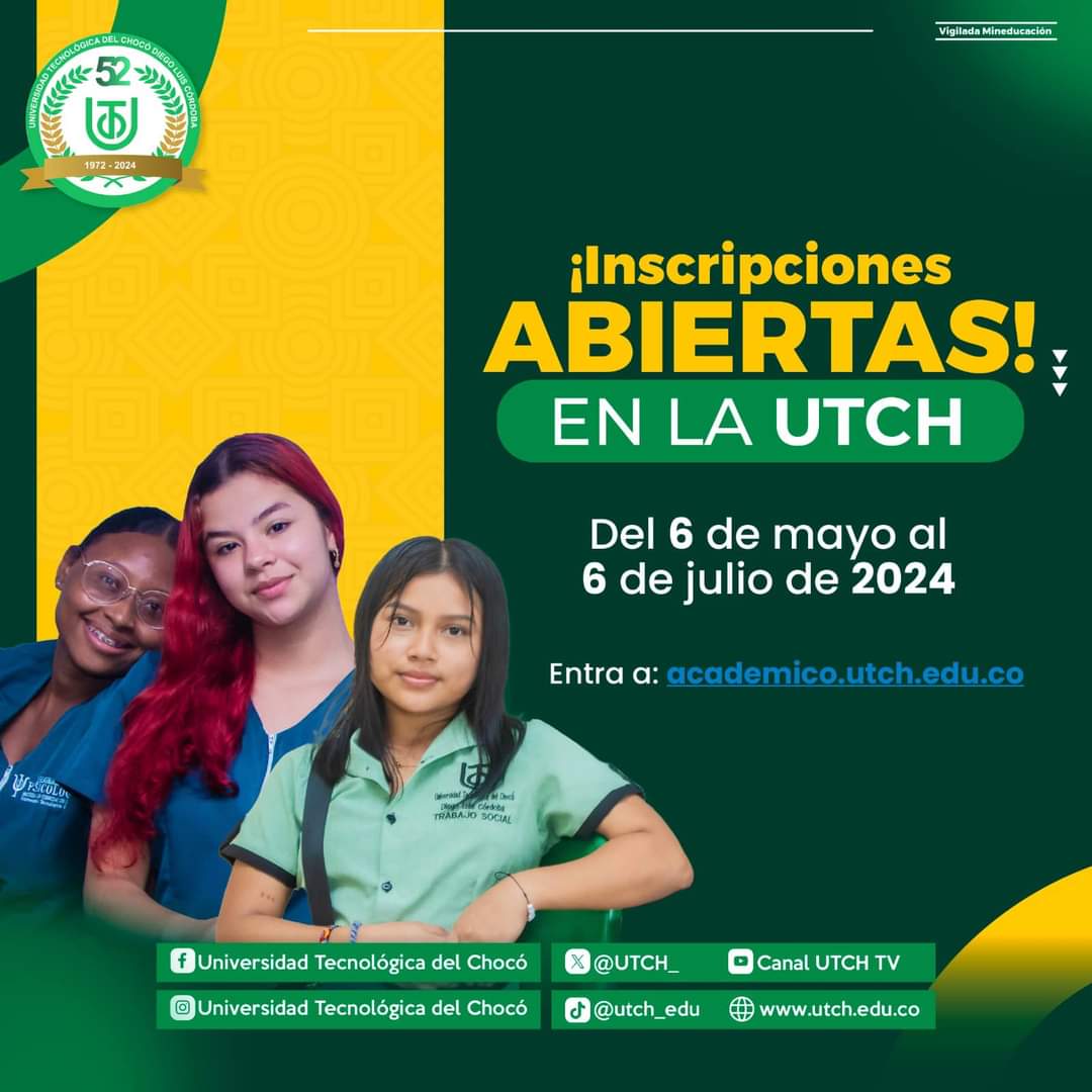 ☄️🙌🏾📚 #InscripcionesAbiertas ✍️| Llegó la hora de estudiar, inscríbete en nuestros programas académicos y forma parte de nuestra institución.
Ingresa a la página 👉🏼 academico.utch.edu.co
Aprovecha la Política de Gratuidad. ✨