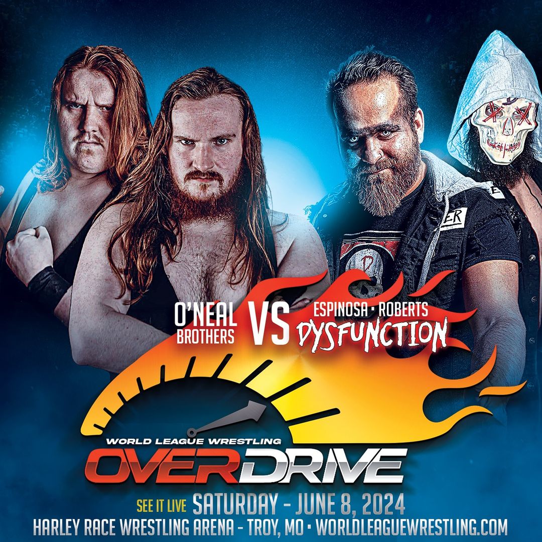 On Saturday, June 8th at World League Wrestling presents OVERDRIVE!, the WLW Tag-Team Champions Dysfunction (@The_B_Espinosa & @Kyle_Roberts24 )will be in action against The O'Neal Brothers (@Steven_Oneal33 & @DevinOneal44)! It's been a while since the challengers to Roberts and