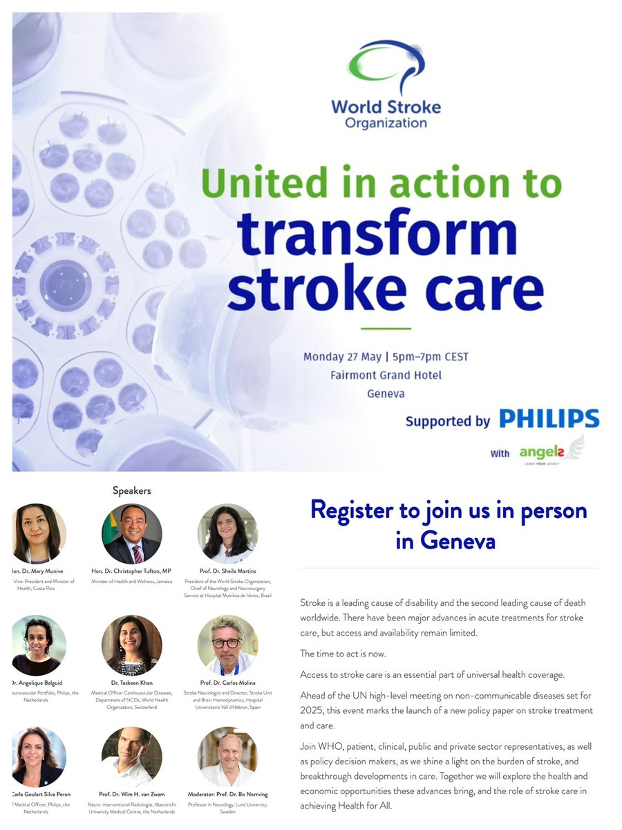 Are you coming to the World Health Assembly in Geneva? Join us in the first meeting to discuss Policies in acute stroke care during the WHA together with the Ministries of Health. Register: events.blackbirdrsvp.com/transforming-s… #WHA77 @WorldStrokeOrg