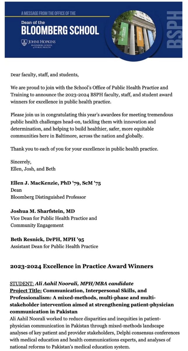 Alhamdullilah - Humbled to have graduated 2x this week from Hopkins! 

5/21/2024: MBA (GPA honors) 
5/22/2024: MPH (top 10% honors, 4.0 GPA, 5 certificates)

Honored to be recognized with the Student of the Year Award &amp; Excellence in International Public Health Practice Award.