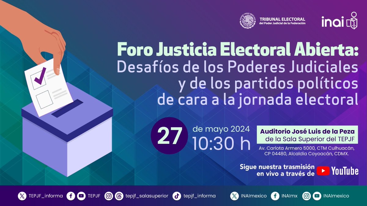 Conéctate al Foro Justicia Electoral Abierta: Desafíos de los poderes judiciales y de los partidos políticos de cara a la jornada electoral. 🗓️ 27 de mayo, ⏰ 10:30 h. ▶️Sigue la transmisión #EnVivo a través del enlace: youtube.com/live/gpZM4L9_j…