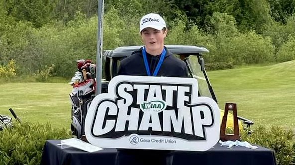 Stanwood, join us in celebrating our newest STATE CHAMPION!! 🥇 Congratulations to senior Conrad Chisman who shot -1 through 36 holes at Hawks Prairie @wiaawa State Golf to bring home the 3A State Title! 🏆 #GoSpartans #Spartyville #StateChamp
