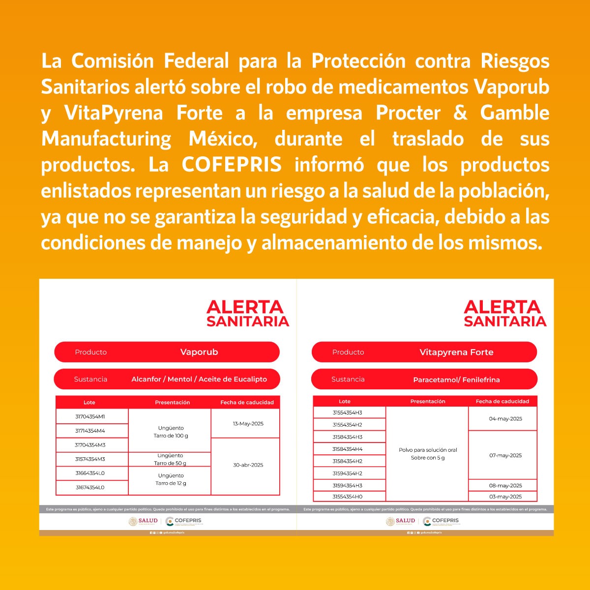 🚨#Cuidado La @COFEPRIS alertó sobre el robo de medicamentos #Vaporub y #VitaPyrenaForte durante un traslado de mercancía. La #COFEPRIS informó que los productos representan un riesgo a la salud porque no se garantiza la seguridad de su almacenamiento ➡️infodemia.mx/entrada/5591