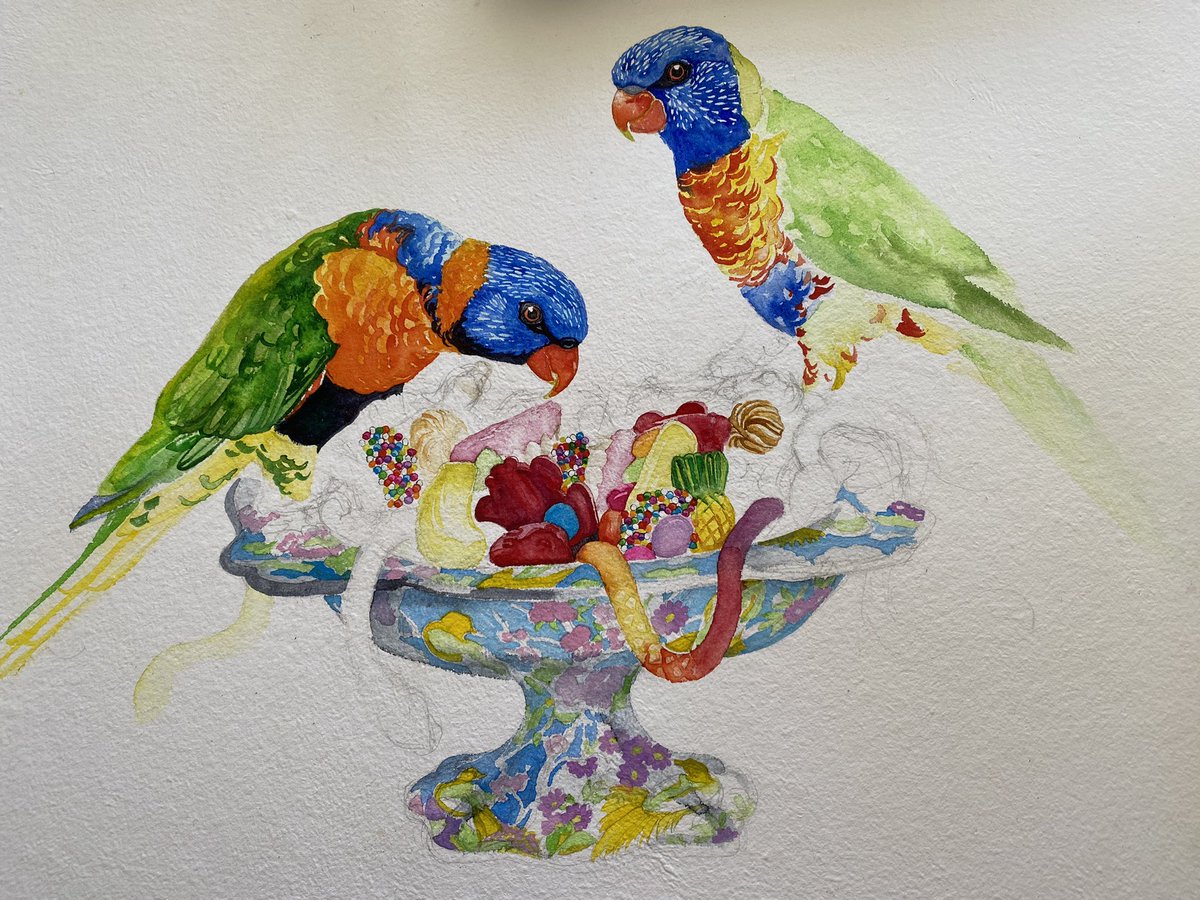 The lorikeets liked the lollies and sweets… work in progress

Very likely to be my most colourful painting yet, once complete