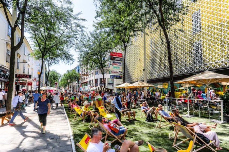 This Vienna street isn’t “closed” because cars have been removed. It has successfully been “opened” to everything else, to a diverse and invigorated civic life, because cars have been replaced by a multitude of wonderful things.

Language matters.

HT @_dmoser for pic
#urbanism