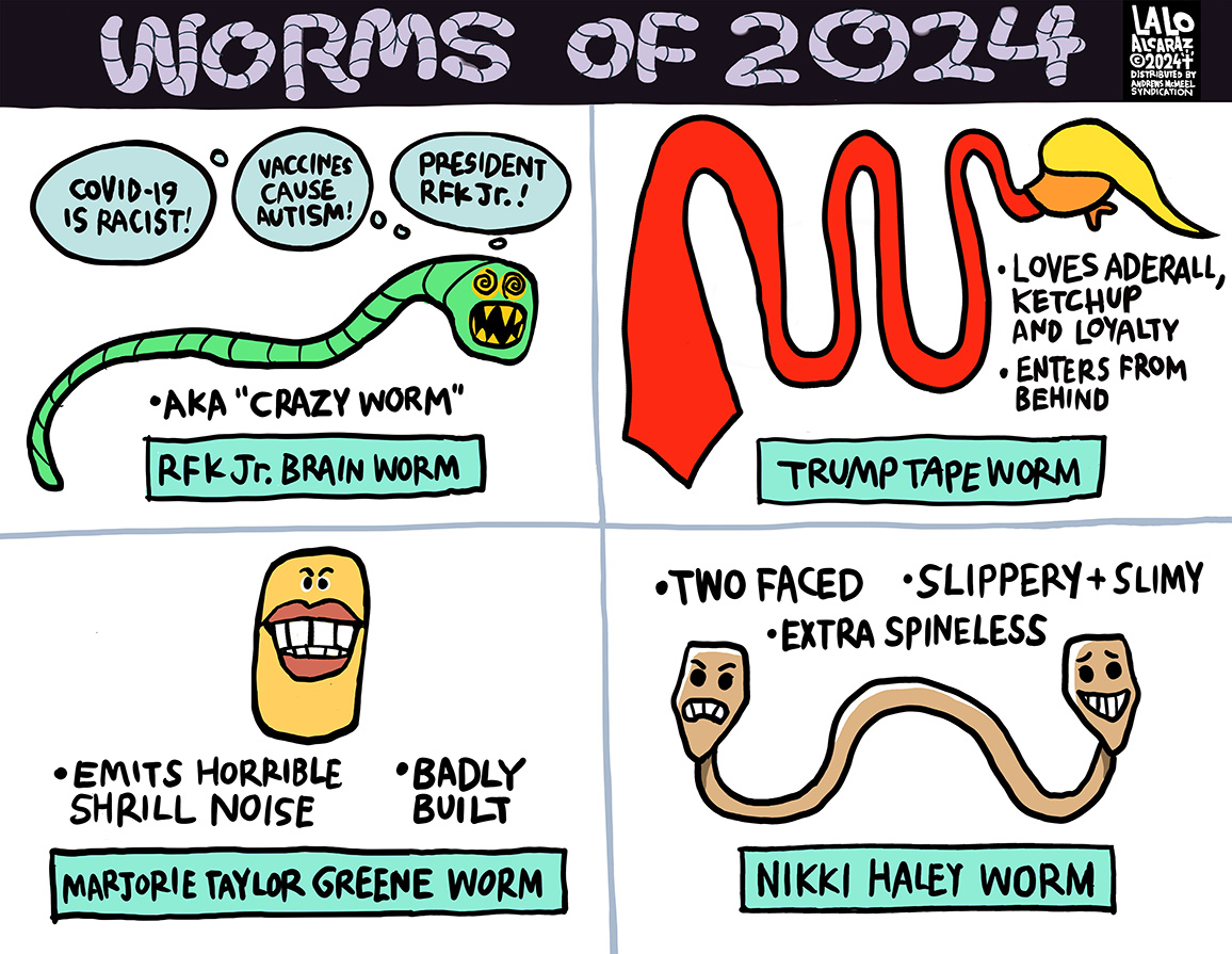 Worms of 2024. Please share #laloalcaraz editorial cartoons