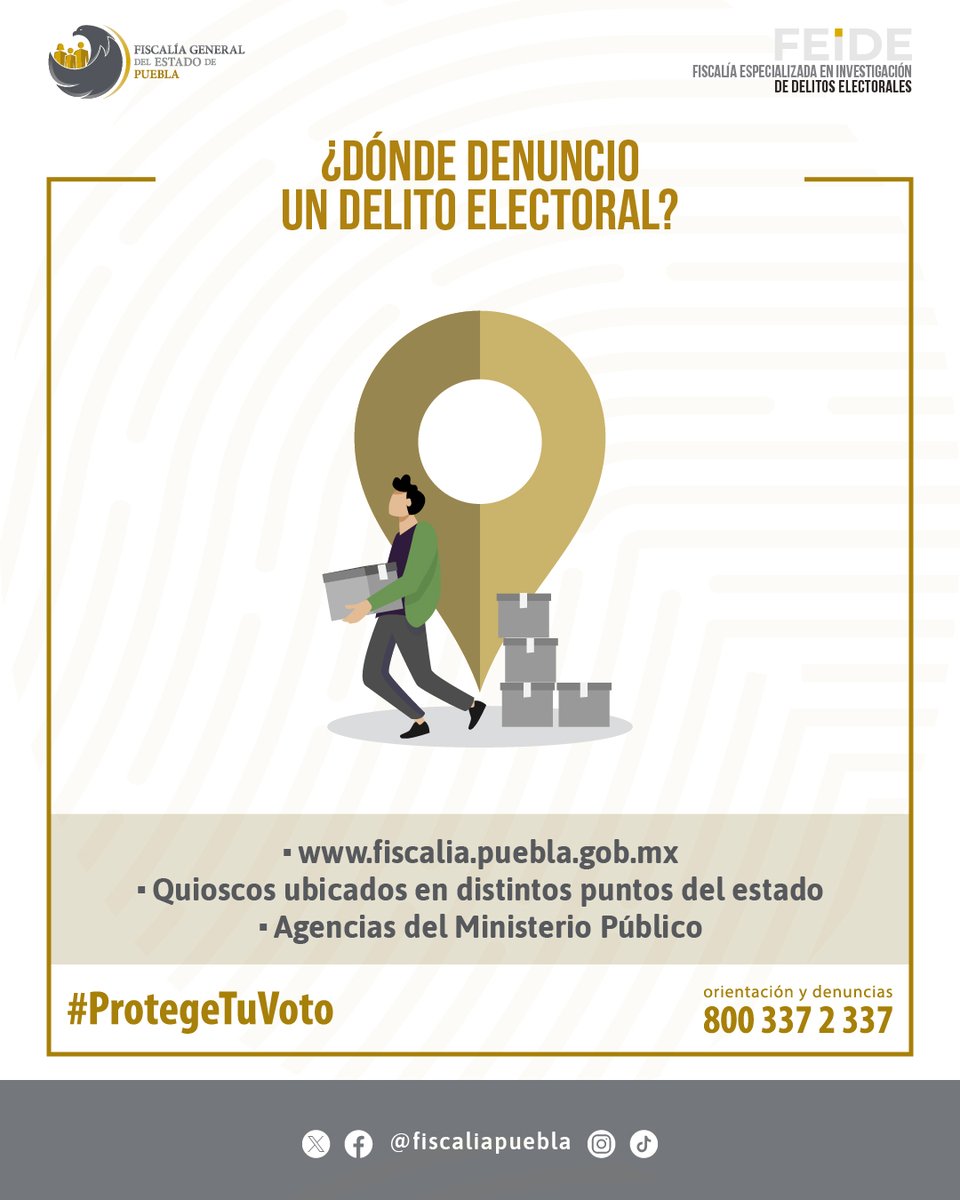 ¿Sabías que en #Puebla contamos con una Fiscalía Especializada en Investigación de Delitos Electorales? #ProtegeTuVoto 🗳️ y denuncia en línea, quioscos, Agencias del Ministerio Público o llamando al 800 337 2 337.