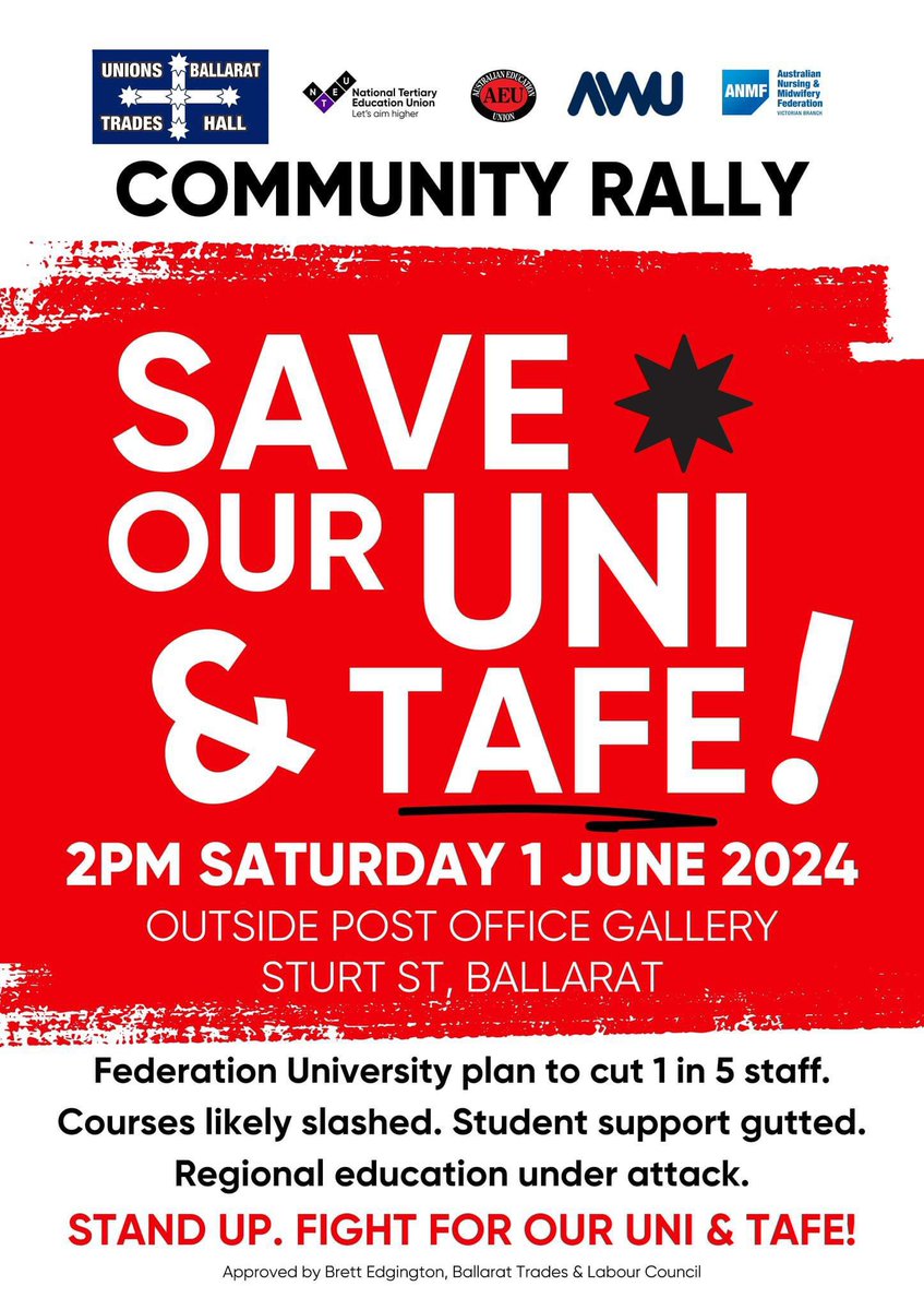 Great to see Ballarat Trades Hall announcing a community rally on June 1st to save @FedUniAustralia from vicious job & course cuts! As well as staff & students our uni belongs to its community & we expect the people of Ballarat to turn out in force to defend it next weekend 💜✊