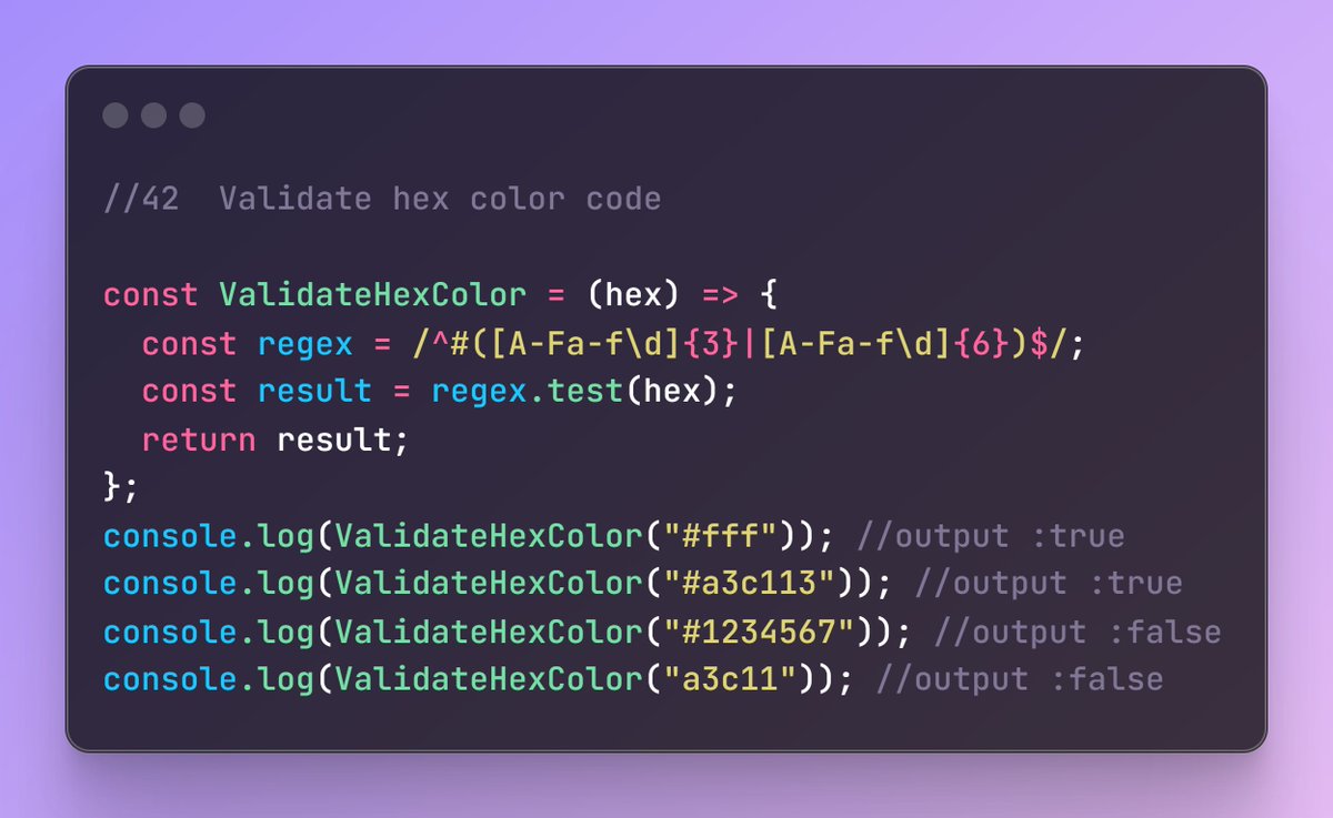 vishalj2012's tweet image. Day 42 of #100DaysOfCode challenge !
🔴 Hex Color Code Validator
✅ A concise JavaScript function to validate hex color codes, ensuring they conform to standard 3-digit or 6-digit formats.
✅ Key Feature:
1️⃣ Regex Validation: Matches valid hex color codes, case-insensitive.