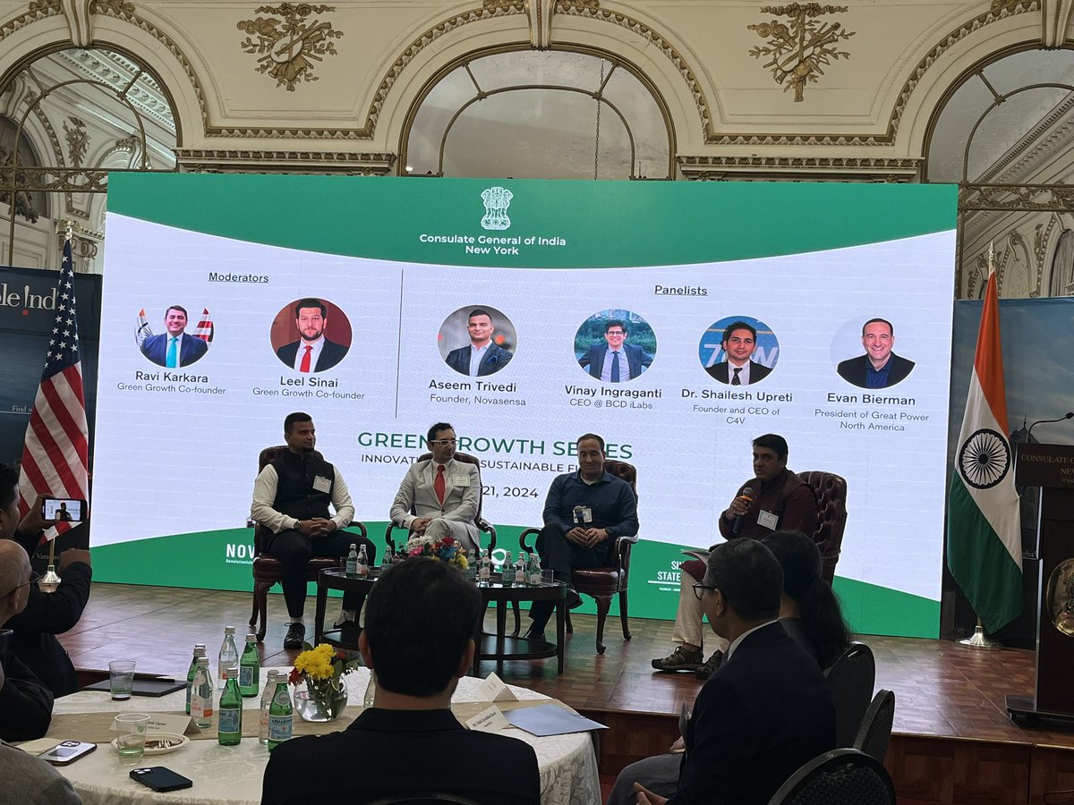 A fascinating conversation yesterday at @IndiainNewYork, about the potential of American and Indian collaboration in 'Innovating for a sustainable future' part of the Green Growth Series. Kudos to  #GreenGrowth co-founders @leelsinai & @ravikarkara!